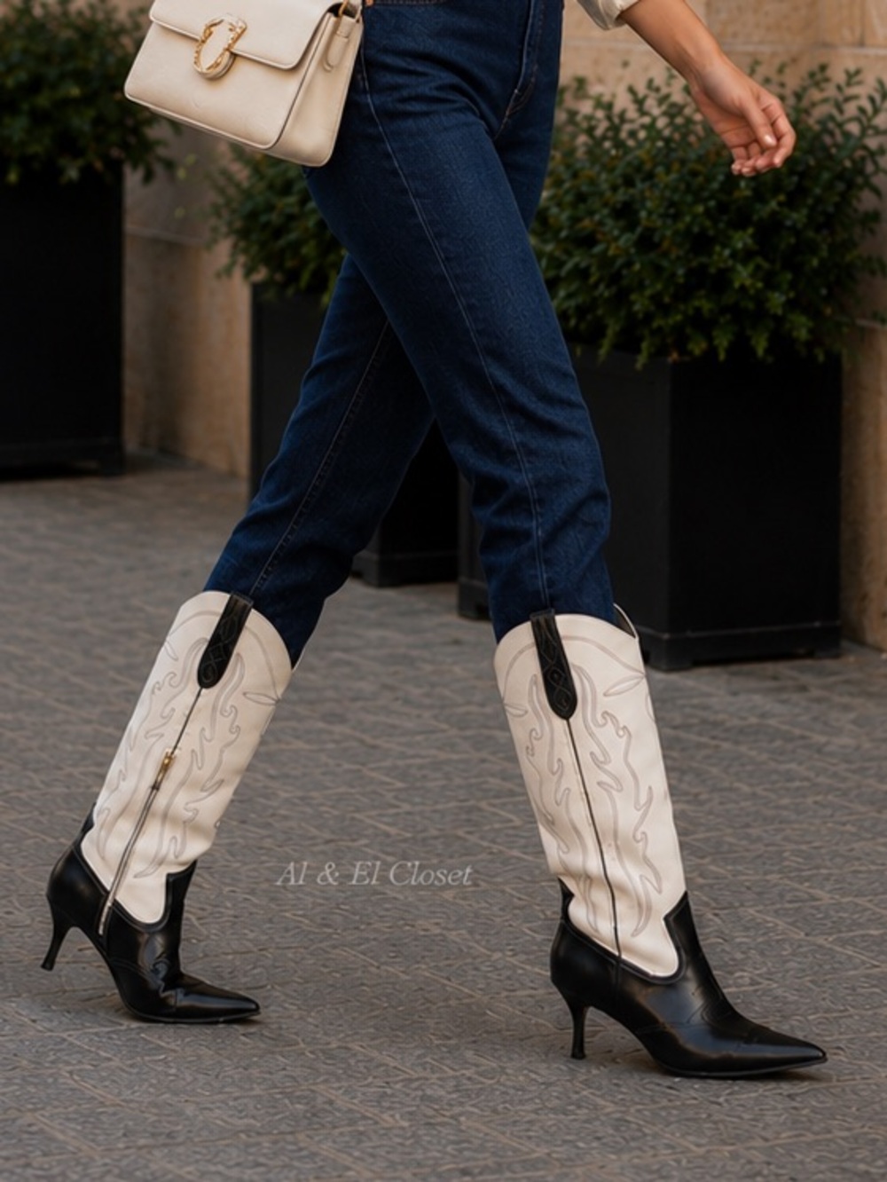 INC Hayleigh Knee-High Cowboy Vegan Boots Black & Bone Size 7.5M | New With Box